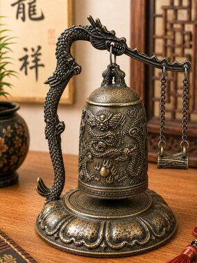 Vintage Brass Chinese Dragon Hanging Bell with Original Striker | Asian Gong